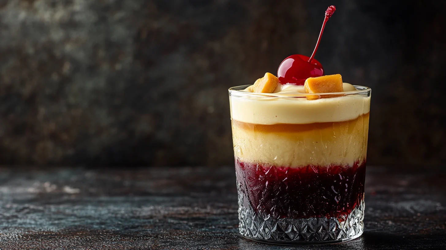 Layered Buttery Nipple cocktail on dark background