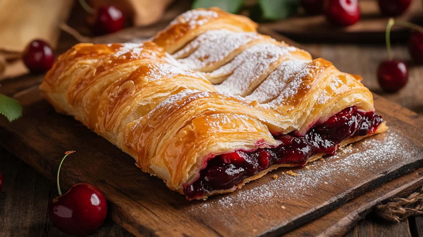 Cherry puff pastry dessert on a rustic table with flaky layers, glossy cherry filling, and powdered sugar.