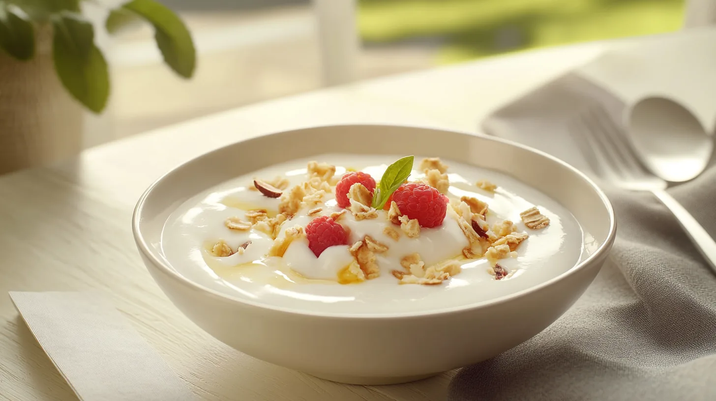 Creamy Greek yogurt dessert topped with fruits and honey.