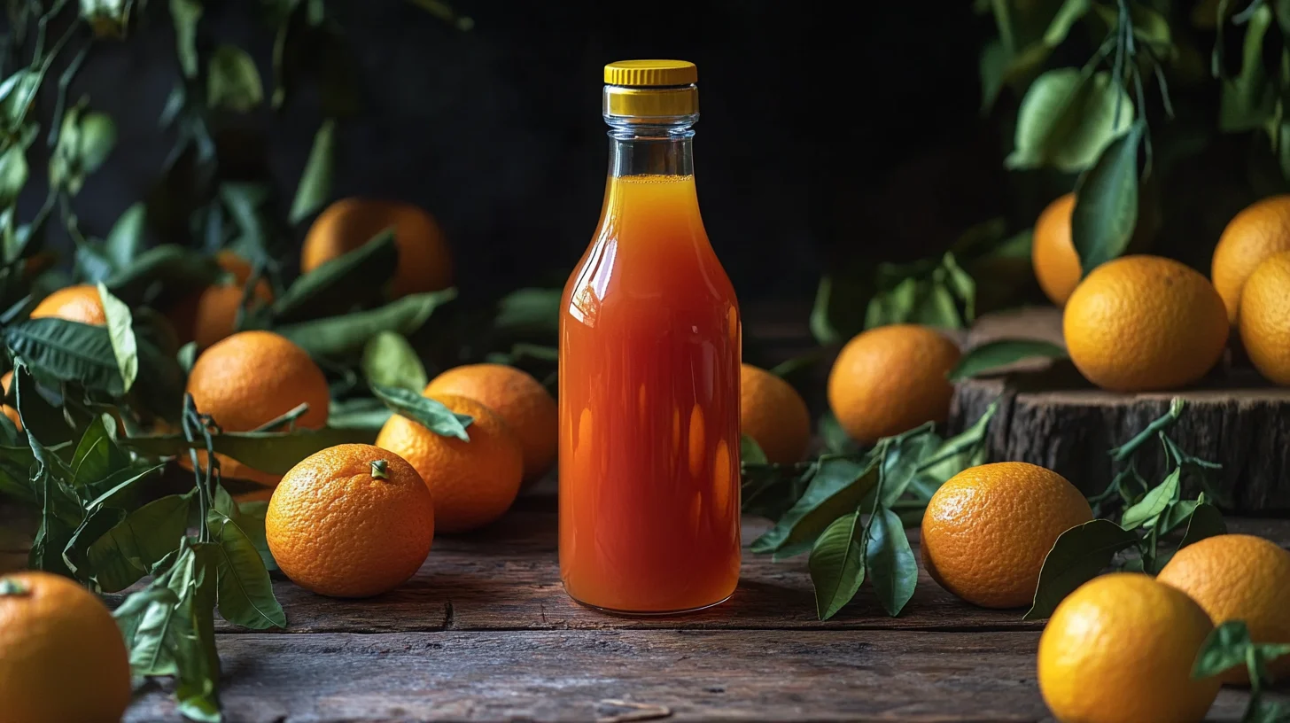 A fresh orange juice bottle with oranges around