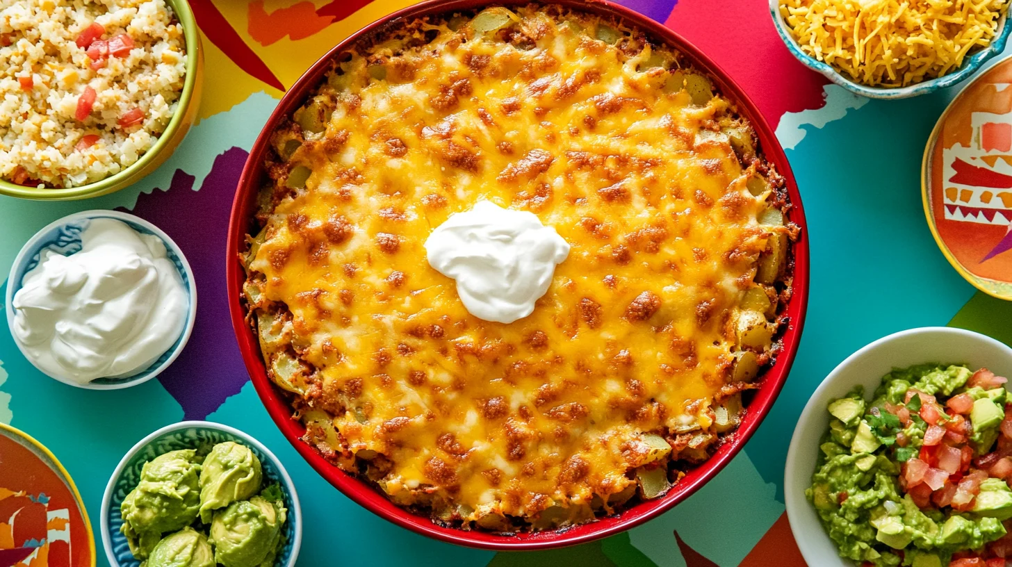 Cheesy taco potato casserole fresh out of the oven