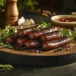 How to Make the Perfect Deer Sausage (Step-by-Step Guide) 12 Grilled deer sausages served on a rustic wooden platter, garnished with fresh herbs and spices, alongside a small bowl of dipping sauce.