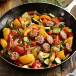 10 Best Ground Sausage Dinner Recipes for Quick Comfort! 36 One-skillet sausage and veggie stir-fry with bell peppers, zucchini, onions, and Italian herbs, served fresh and steaming.
