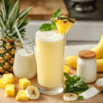 Sunshine in a Cup: This Pineapple Smoothie Will Brighten Your Day 15 A tropical pineapple smoothie in a tall glass, garnished with a pineapple wedge and mint leaves, surrounded by fresh pineapple chunks, a banana, and almond milk on a wooden counter.