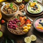 "A beautiful raw food breakfast recipes ideas with smoothie bowls, fresh fruits, and granola on a rustic table."