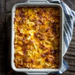 Simply Potatoes Breakfast Casserole Recipe: A Comforting, Hearty Morning Favorite 15 A close-up of a Simply Potatoes breakfast casserole in a white baking dish, with a golden crispy top and gooey cheese.