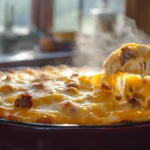 Freshly baked breakfast casserole with melted cheese and crispy hashbrowns in a rustic kitchen setting.