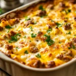 Trisha Yearwood Recipes Breakfast Casserole: A Comforting Southern Classic 15 A freshly baked breakfast casserole with a golden, bubbly cheese topping, crispy hashbrowns, and crumbled sausage. Served in a rustic baking dish on a wooden table, warm lighting.